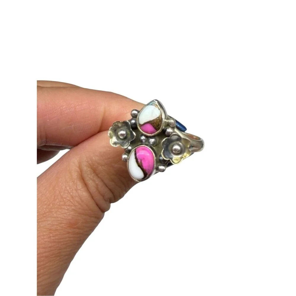 Cotton Candy Kingman Turquoise Flower Ring Size 10 Solid 925 Sterling Silver